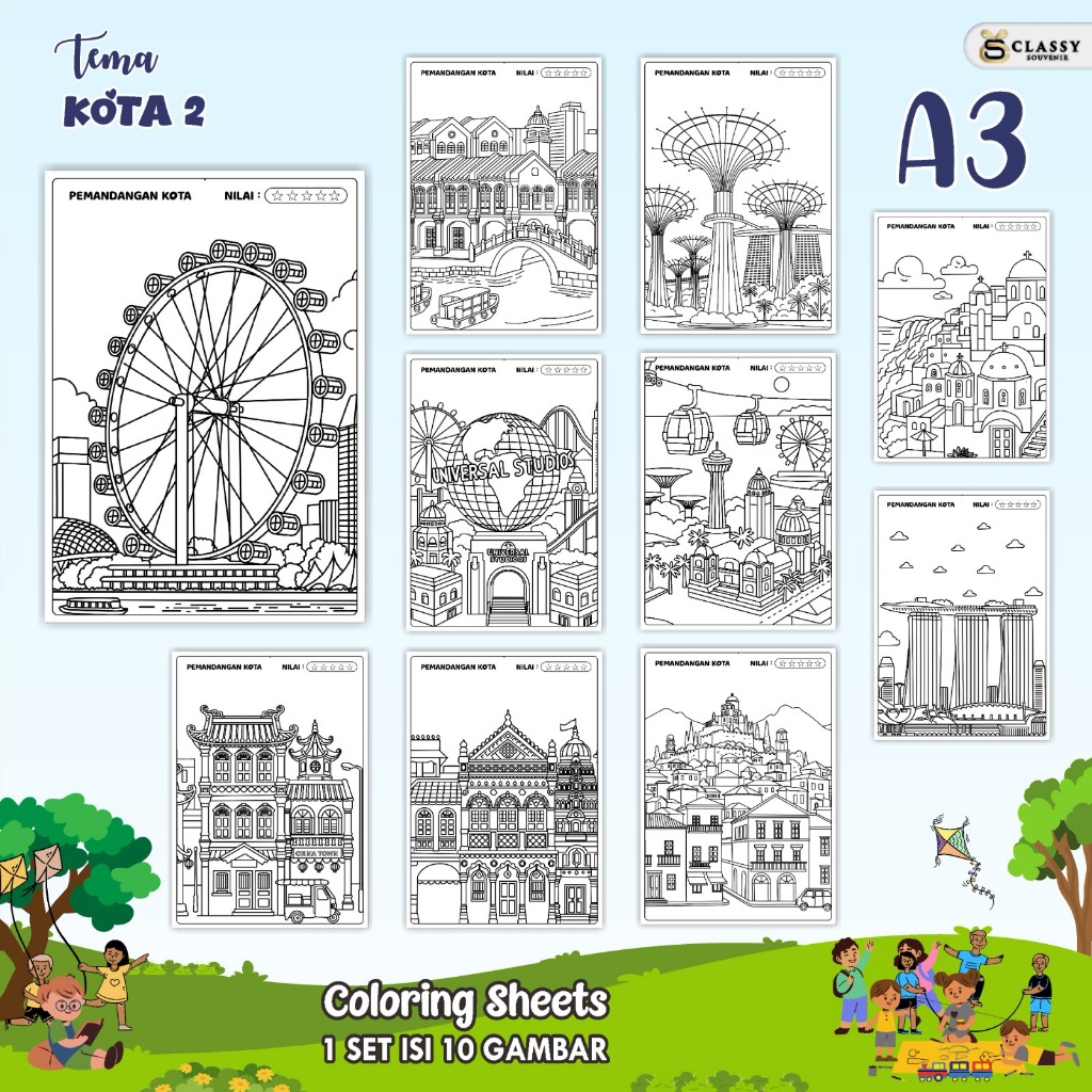 

LEMBAR GAMBAR MEWARNAI A3 BAGIAN TEMA KOTA - KERTAS MEWARNAI ANAK - COLORING SHEETS FOR KIDS