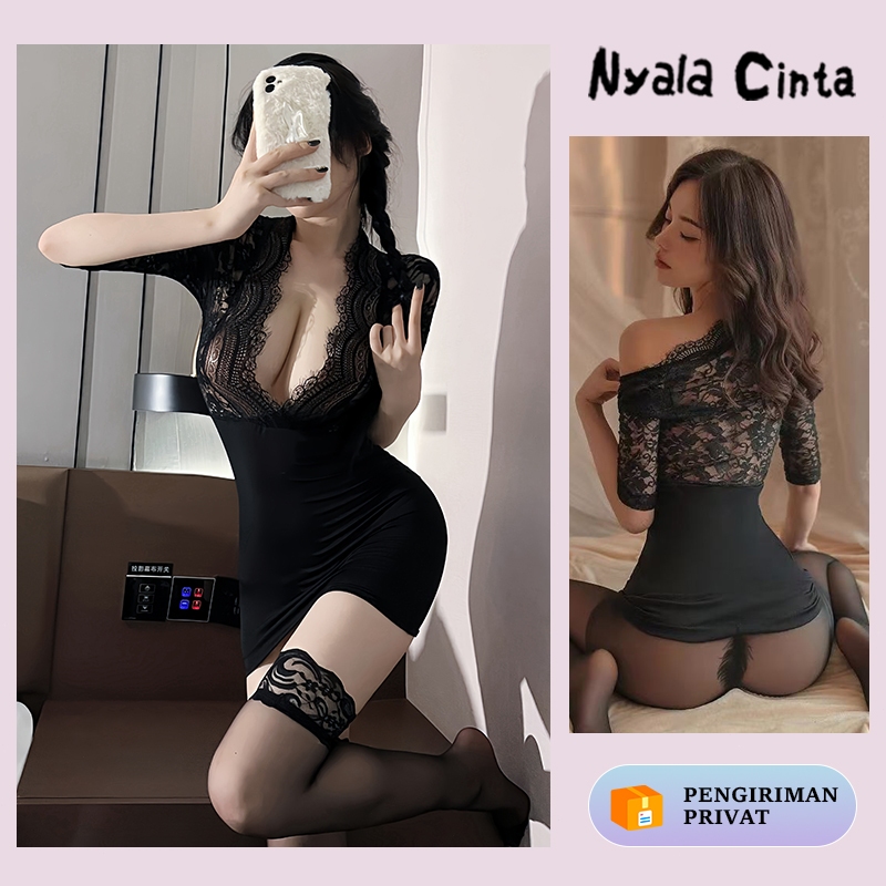 Nyala Cinta Sexy Lingerie Hot V-neck Malam Dirahasia Wanita Dress Renda Sexy Set