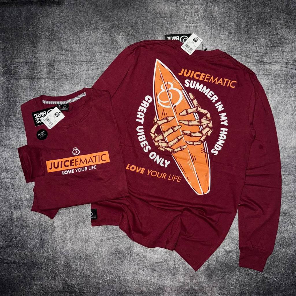 JUICE EMATIC kaos lengan panjang merah LONG SLEEVE JUICE EMATIC maron rib di pergelangan kaos distro