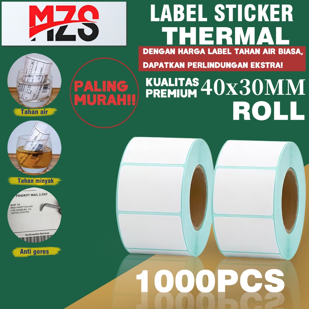 

Kertas Stiker Thermal Resi 40x30mm Isi 1000pcs Stiker Printer Label MZS roll dengan Tinta AJ007