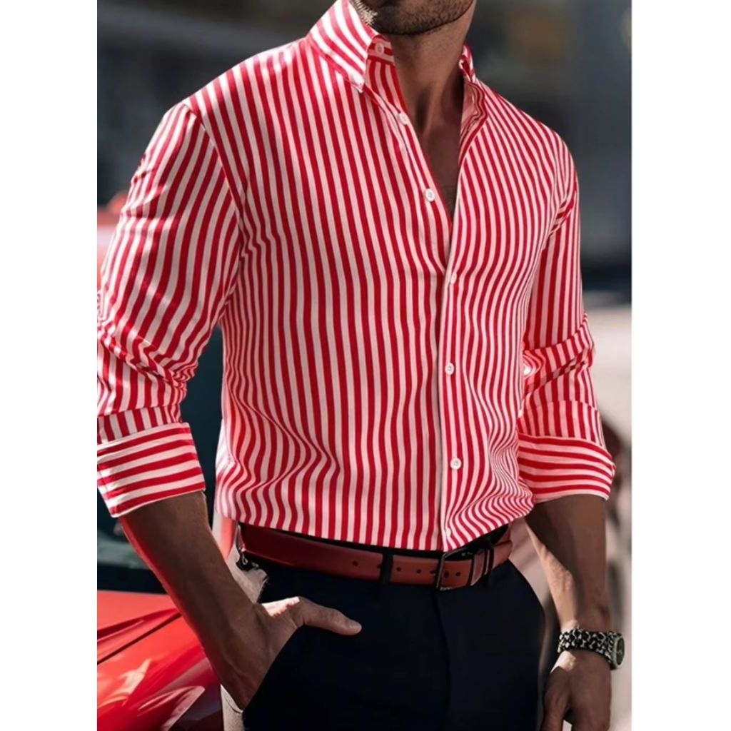 Kemeja Cowok Stripe Lengan Panjang / Kemeja Salur Merah Pria Motif Garis Premium Atasan Kemeja Zar*