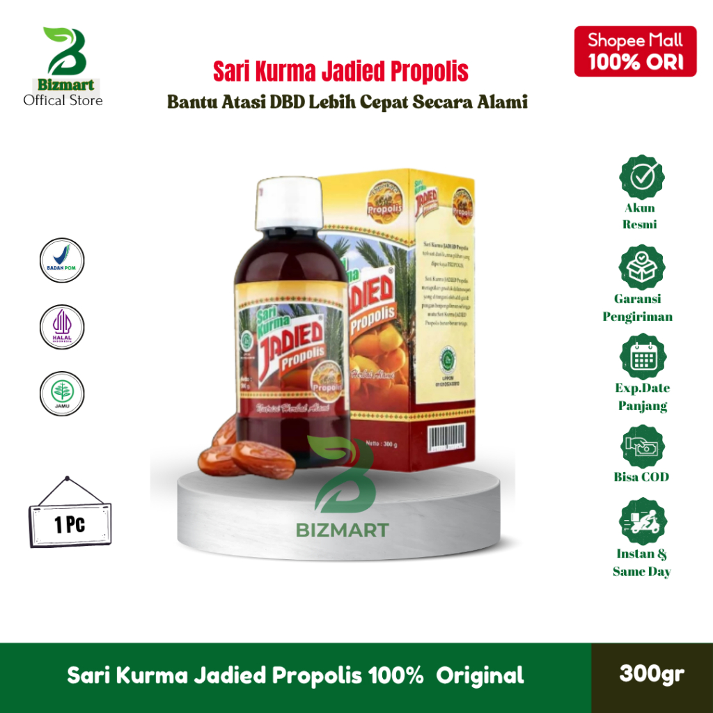 

Sari Kurma Plus Propolis JADIED 300gr | Suplemen Herbal Untuk DBD, Tipes & Meningkatkan Trombosit