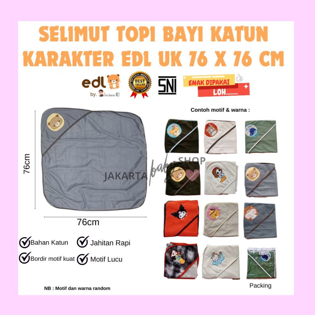Selimut Topi Katun Karakter EDL /  Selimut Bayi Topi Bahan Halus Katun / Selimut topi bayi motif luc