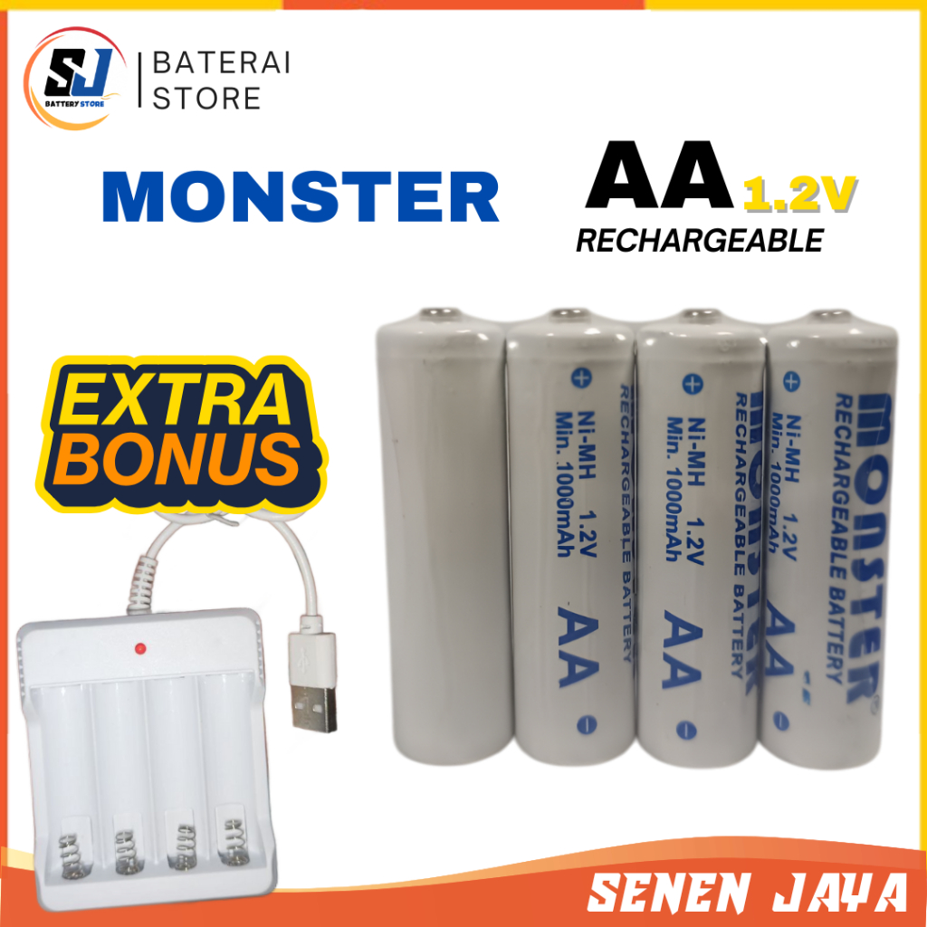 GRATIS CHARGER Baterai AA Monster 1000mAh Isi 4 Cas Rechargeable Recharge dan Charger Charge Isi Ula
