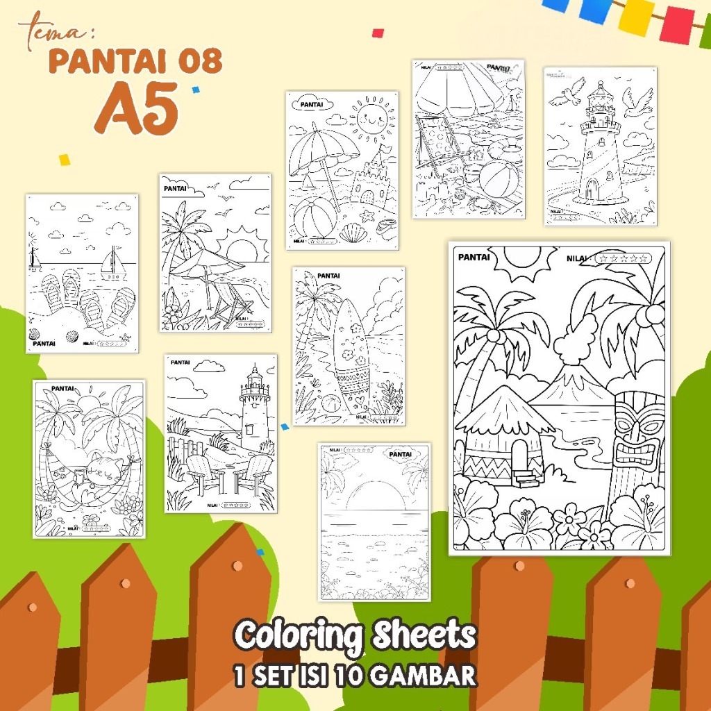 

(A5) KERTAS MEWARNAI ANAK - COLORING SHEETS KODE PANTAI 08 - LEMBAR MEWARNAI ANAK PAUD/TK/SD