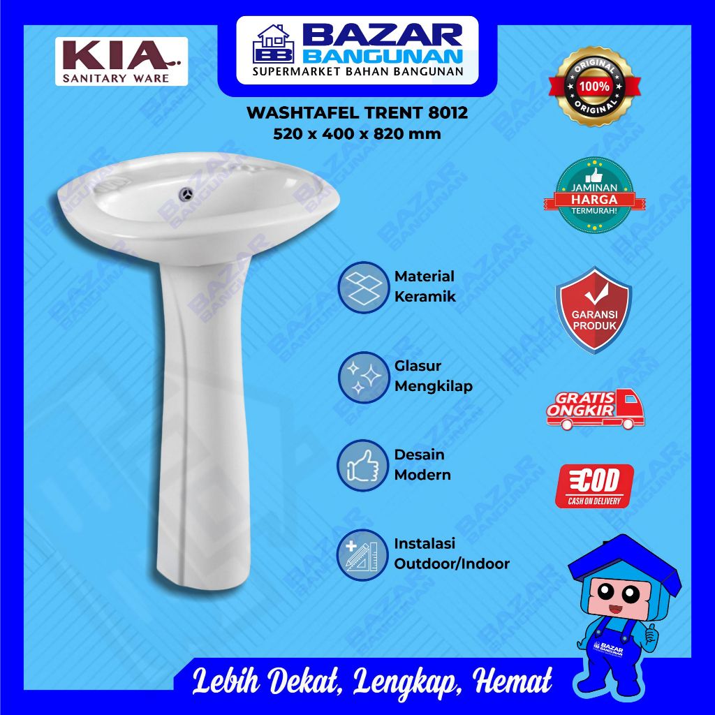Kia - Washtafel Wastafel Wash Basin Bak Cuci Tangan Kamar Mandi Trent 8012 + Pedestal Keramik
