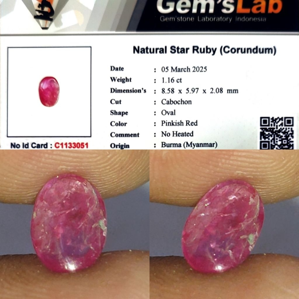 Natural Star Ruby Burma No Heated 1.16ct GLI Material Crystall Nice Color Good Luster Gemericik