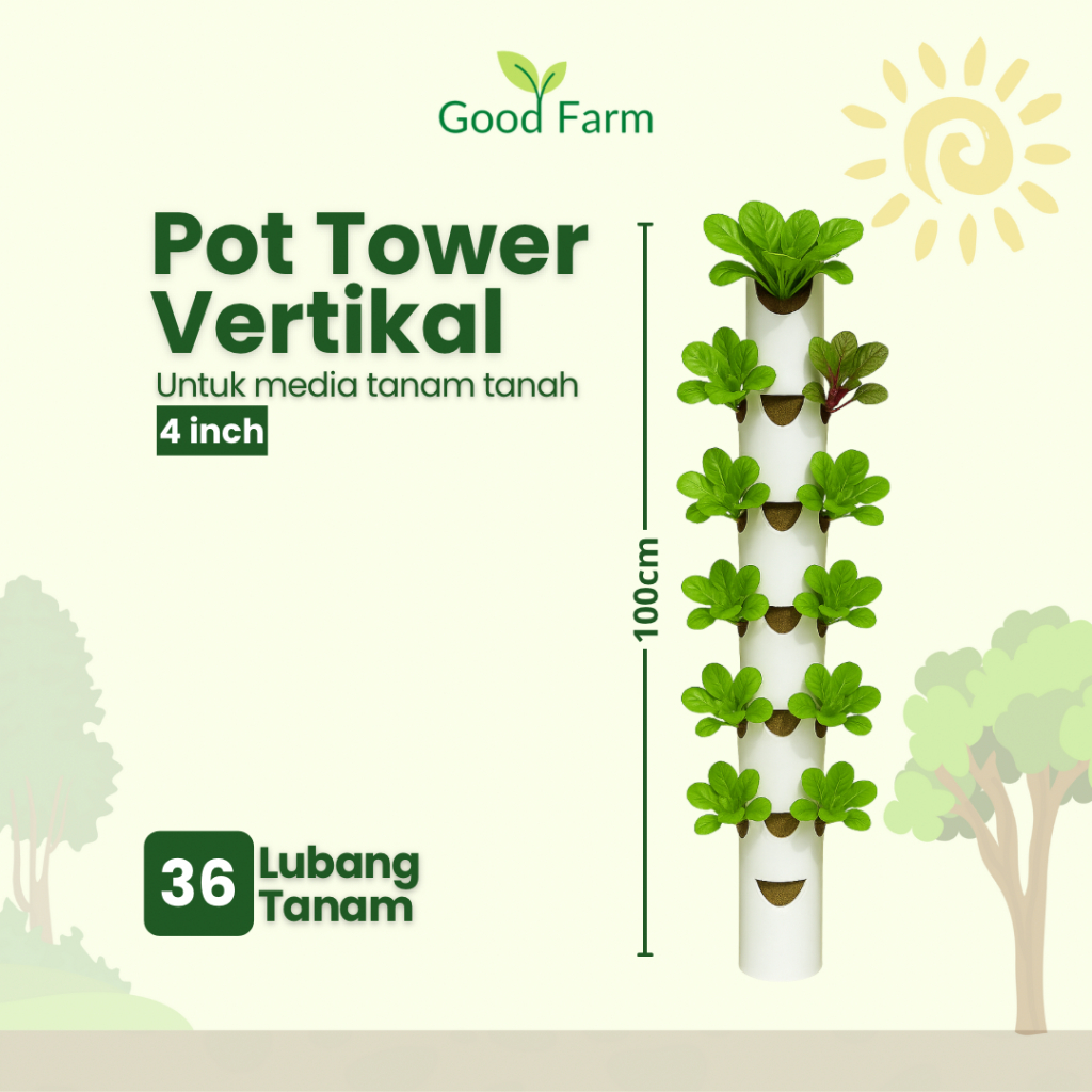 GoodFarm - GROWING POT TOWER 36 LUBANG TANAM 1 meter Vertikal vertikultur, pot tanaman pot hidroponi
