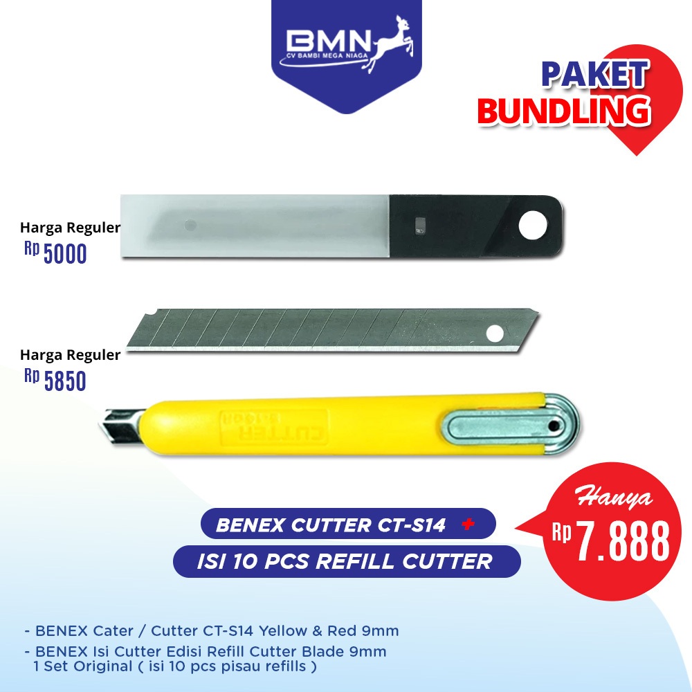 

BUNDLE BENEX Cater / Cutter CT-S14 Yellow & Red 9mm Sangat Tajam + BENEX Isi Cutter Edisi Refill Cutter Blade 9mm 1 Set Original