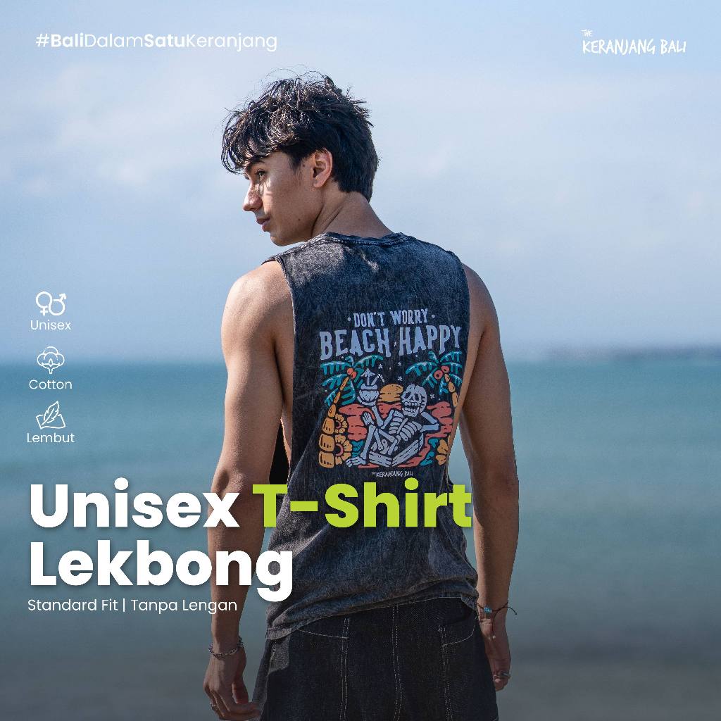 Kaos Lekbong Unisex Beach Happy Kaos Singlet Pria Tanpa Lengan - Oleh-Oleh Bali
