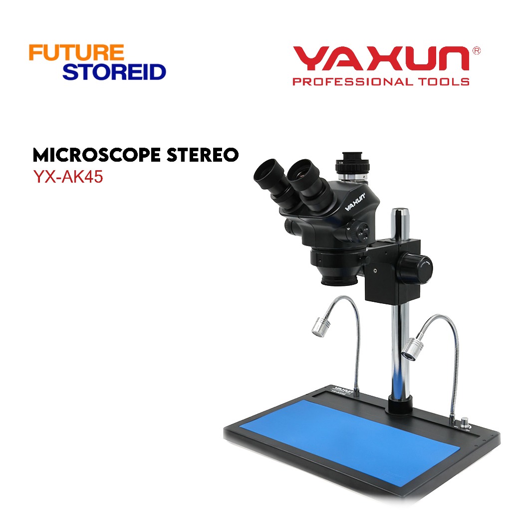 Microscope Stereo YAXUN YX‑AK45 ORIGINAL – 8×‑50× Zoom dengan LED Atas-Bawah & Base Besar untuk Serv