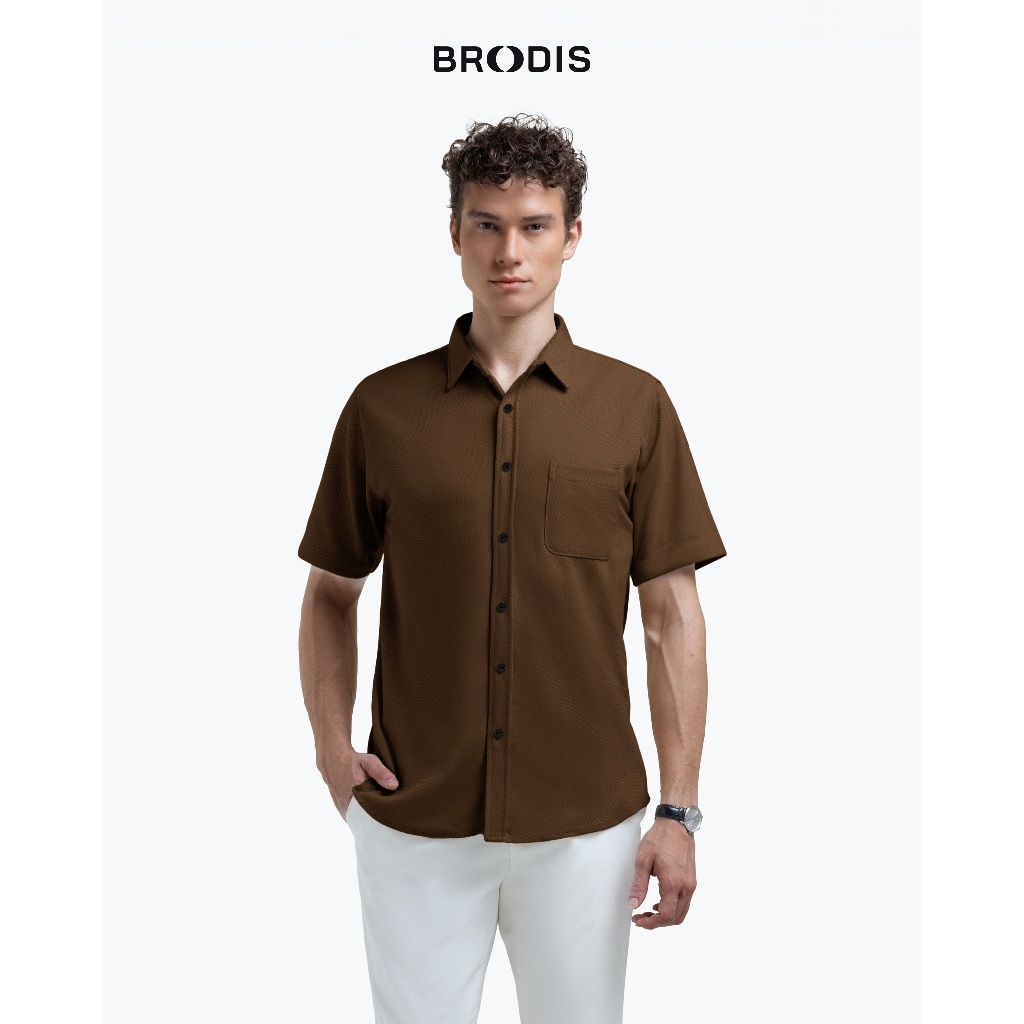 Broodis Kemeja Pendek Polos Coklat Tua SOFTEE Short / MONTY  Brown Lengan Pendek Slimfit