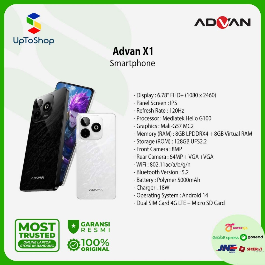 Advan X1 Smartphone Mediatek Helio G100 8GB+8GB/128GB High Refresh Rate 120Hz IPS FHD+ Sony 64MP Big