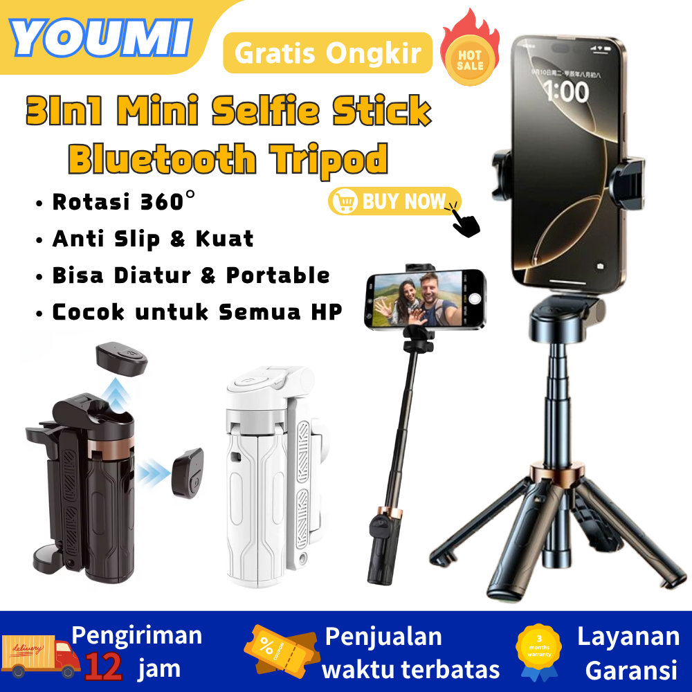 YOUMI (Gratis Ongkir) Magnetic Stand HP 3In1 Mini Selfie Stick Tongsis Bluetooth Tripod Handphone, E