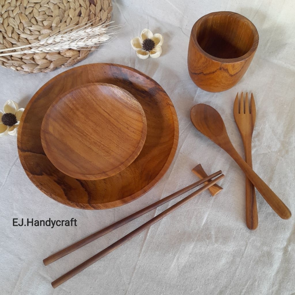 piring makan/piring jati/paket piring kayu jati+gelas cembung kayu jati