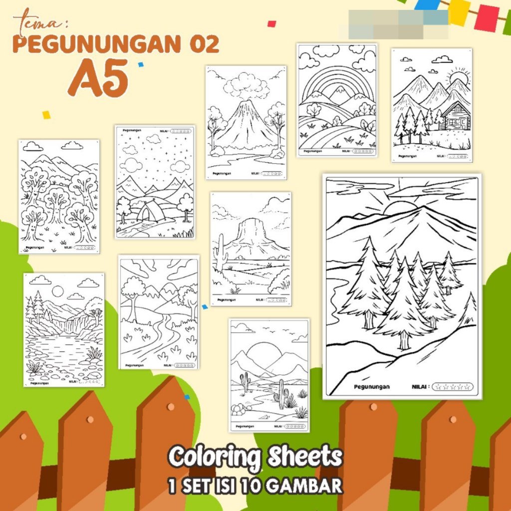 

KERTAS GAMBAR MEWARNAI TEMA PEGUNUNGAN - LEMBAR COLORING SHEETS FOR KIDS ISI 10 LEMBAR [A5] READY