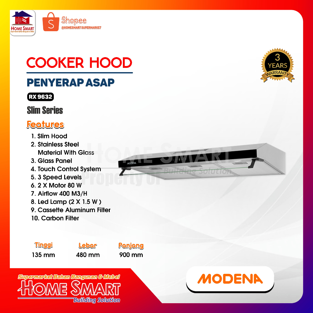 MODENA RX 9632 Slim Hood 90cm - MODENA Cooker Hood RX9632