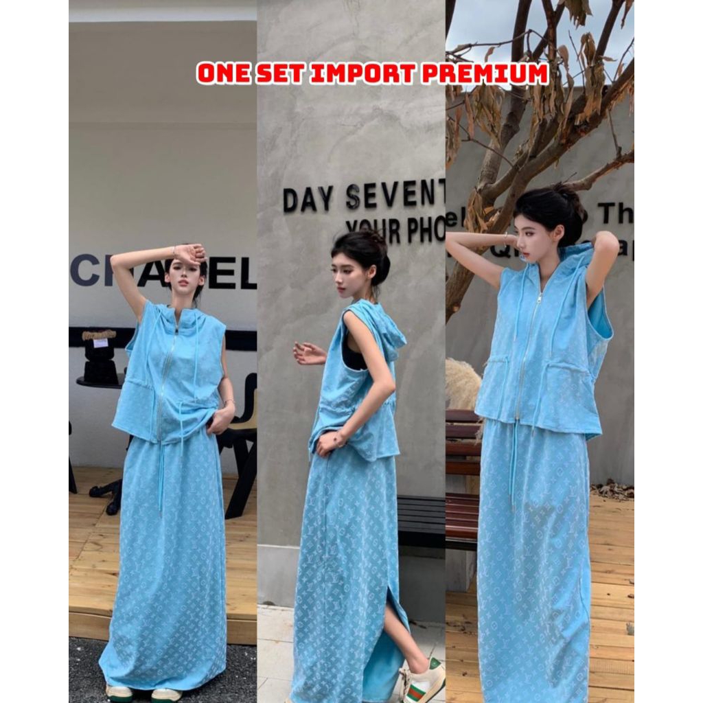 One set rok hoodie lengan pendek setelan wanita