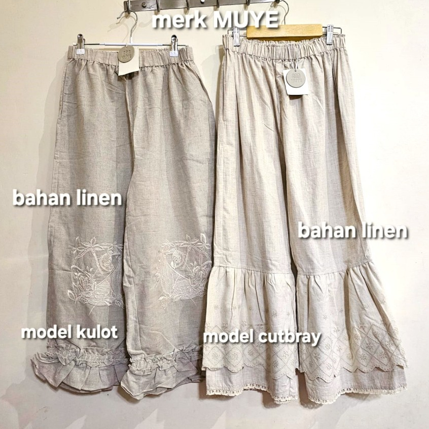 Celana panjang BKK bersaku bordir monochrome model mix bahan linen merk MUYE