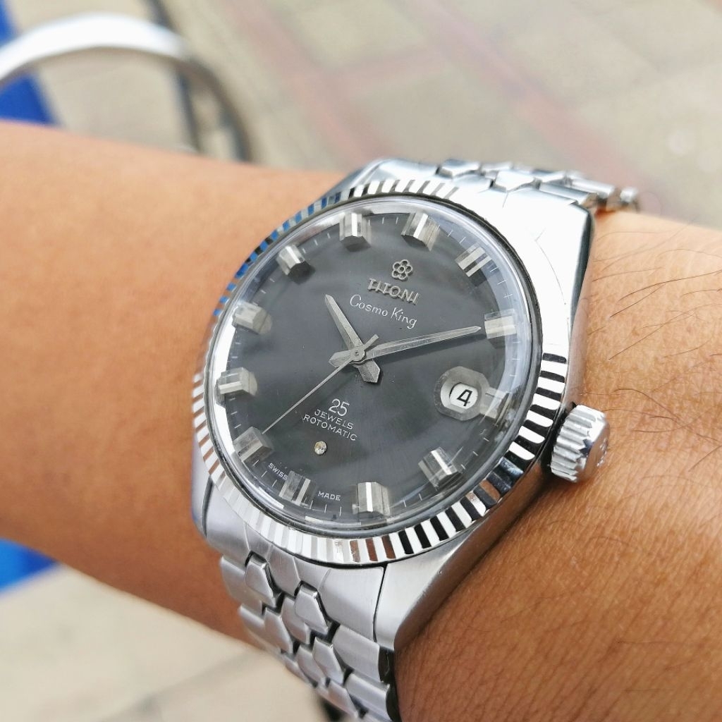 70s Vintage Titoni Cosmo King cosmoking rotomatic automatic 14k rim white gold Fluted Bezel Grey Gra