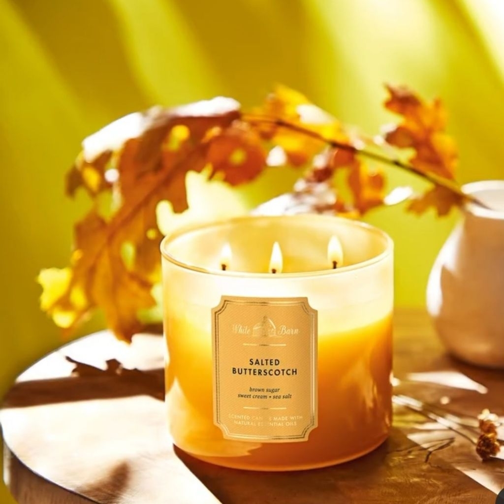 BBW SALTED BUTTERSCOTCH 3 WICK SCENTED CANDLE MADE WITH NATURAL ESSENTIAL OILS 411 G BUTTERY GOLDEN 