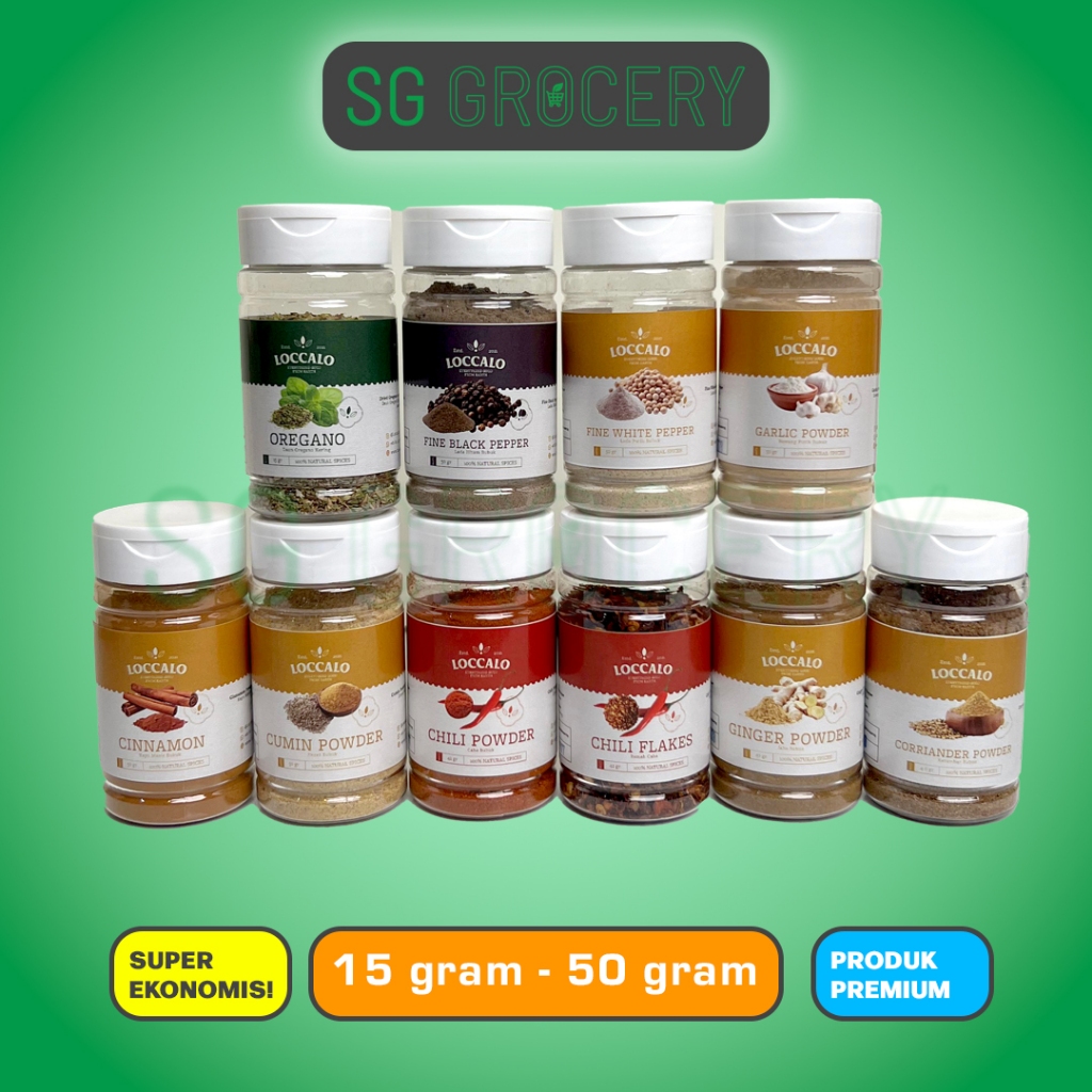 

Beragam Bumbu Dapur Pilihan - Alami, Natural, Premium - rempah rempah Premium - BRAND LOCCALO Lada Hitam, Lada putih, Cabe bubuk, Chili flakes, Garlic powder, Ketumbar bubuk, Jinten bubuk, Kayu Manis bubuk, Jahe bubuk, Oregano READY STOCK!! SUPER MURAH!!
