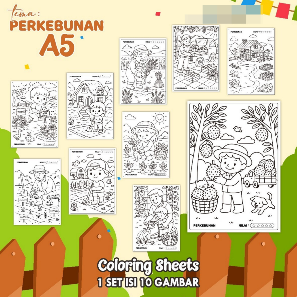 

KERTAS GAMBAR MEWARNAI TEMA PERKEBUNAN - LEMBAR COLORING SHEETS FOR KIDS ISI 10 LEMBAR [A5] READY