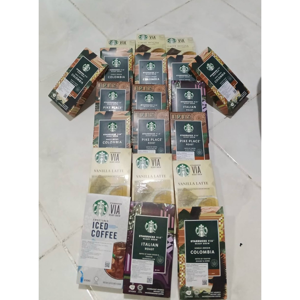 

KOPI STARBUCKS VIA READY BREW ORIGINAL MURAH ITALIAN ROAST, COLOMBIA, PIKE PLACA ROAST, ICED COFFEE, VANILLA LATTE