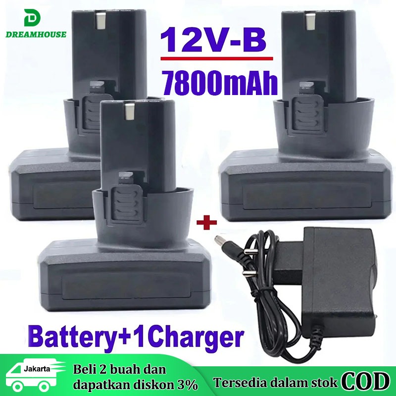 Baterai Mesin Bor Cas 12 Volt 7800mAh Cordless Drill+Charger/baterai lithium yang dapat diisi ulang 