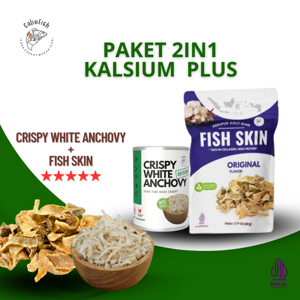 

Caliofish Paket Kalsium 2in1 Fish Skin , Crispy White Anchovy | kerupuk Kulit ikan Patin, Ikan Teri Krispi I MPASI non MSG