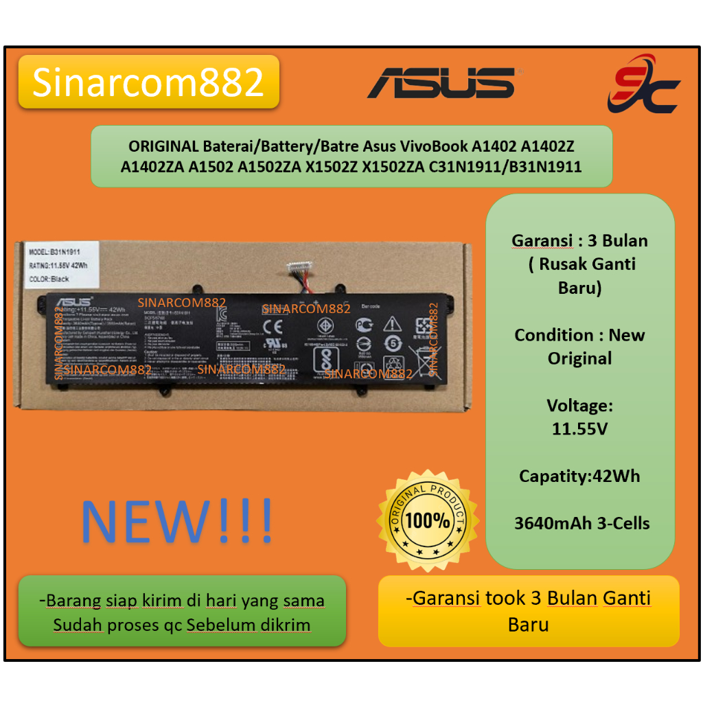 ORIGINAL Baterai/Battery/Batre Asus VivoBook A1402 A1402Z A1402ZA A1502 A1502ZA X1502Z X1502ZA C31N1