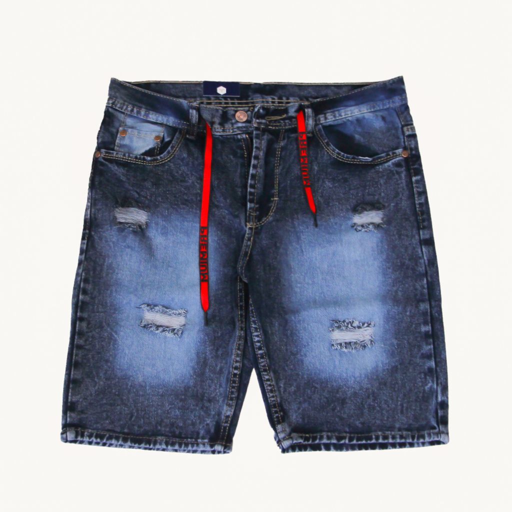 Celana jeans pendek sobek Snow Hitam jeans pria pendek sobek