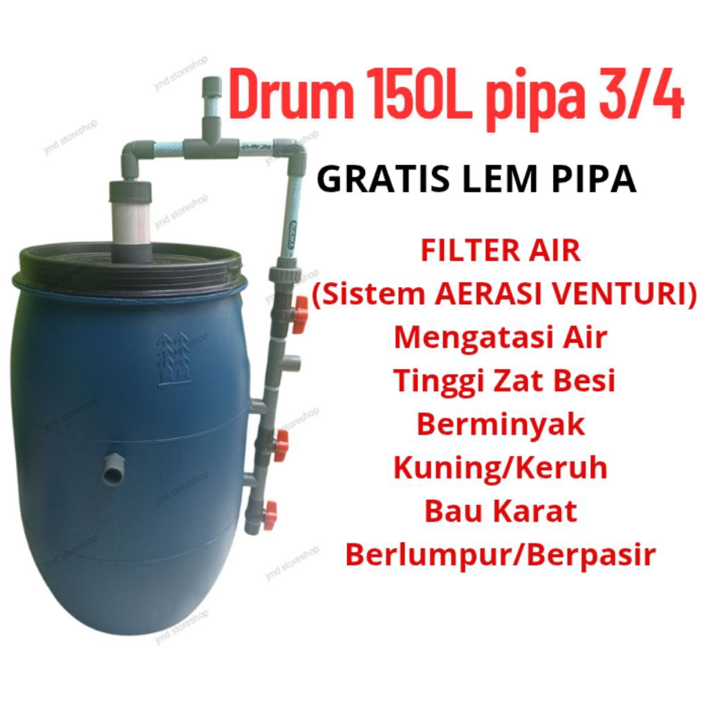 Filter air drum 150L/120L pipa 3/4" (sistem aerasi venturi) filter air tinggi zat besi / Filter drum