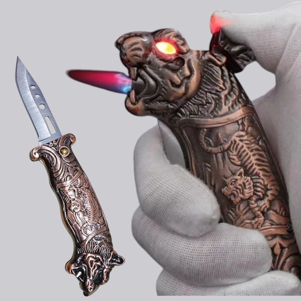 Korek api Model pisau lipat motif macan korek api bara dapat diisi ulang gas