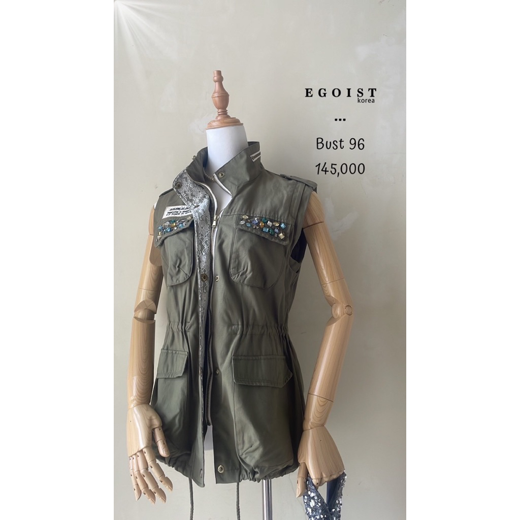 Vest jaket rompi luaran cewek wanita kutung sleeveless parka katun hijau army swarovski wings sayap 