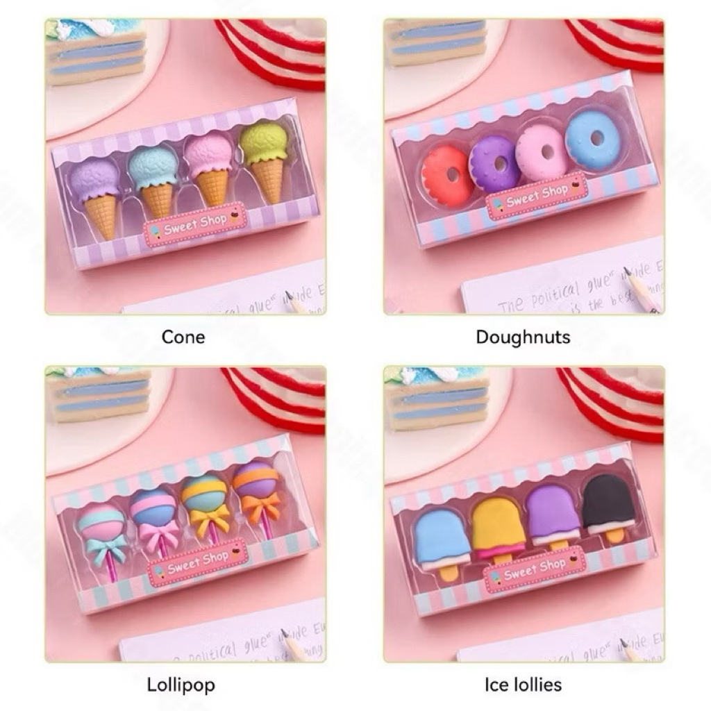 

Penghapus Pensil Set 4IN1 Motif Lolipop / Alat Tulis Penghapus Lucu Isi 4pcs Karakter Donat Eraser Ice Cream