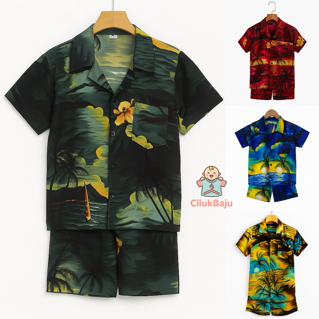 CILUKBAJU - SETELAN KEMEJA ANAK MOTIF PANTAI HAWAI BALI / SETELAN HEM PANTAI ANAK / KEMEJA BALI ANAK