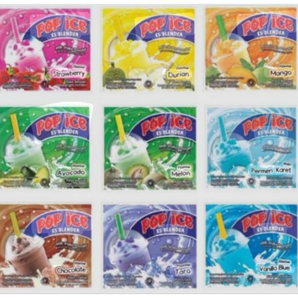 

( renteng) pop ice es blender minuman rasa buah 1renteng isi 10pcs x 23 gram..