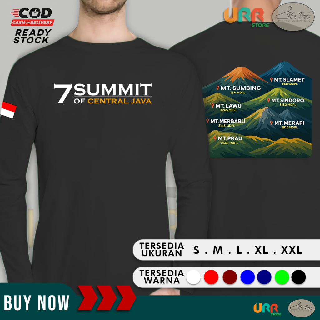 Kaos Lengan Panjang Gunung 7 Summit Of Central Java Mountain Hiking Sablon DTF Premium Cotton Combad
