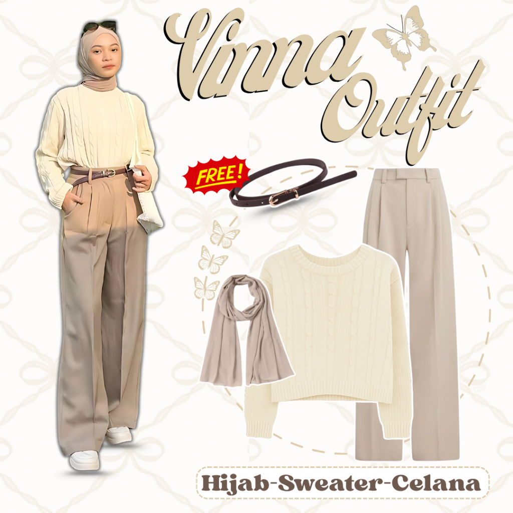 Baju Setelan Wanita Kekinian (Sweater Cable Rajut Cream|Celana Oro Pants Beige|Pasmina Beige) QNL148