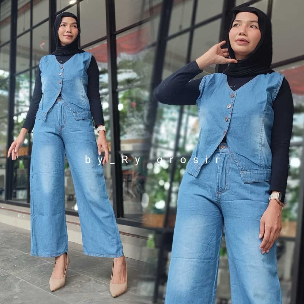 Setelan Wanita Vest +Celana Kulot Bahan Jeans Dewasa
