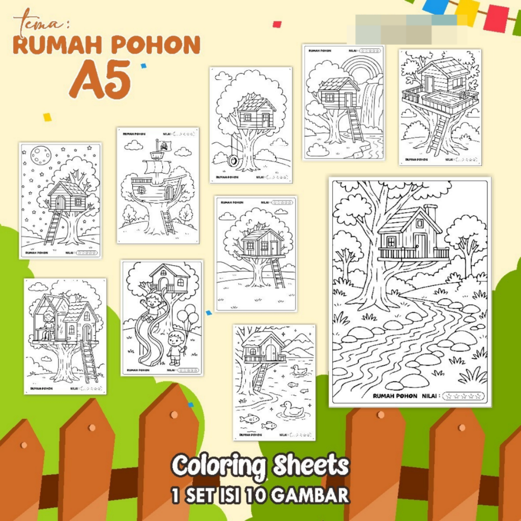 

KERTAS GAMBAR MEWARNAI TEMA RUMAH POHON - LEMBAR COLORING SHEETS FOR KIDS ISI 10 LEMBAR [A5] READY