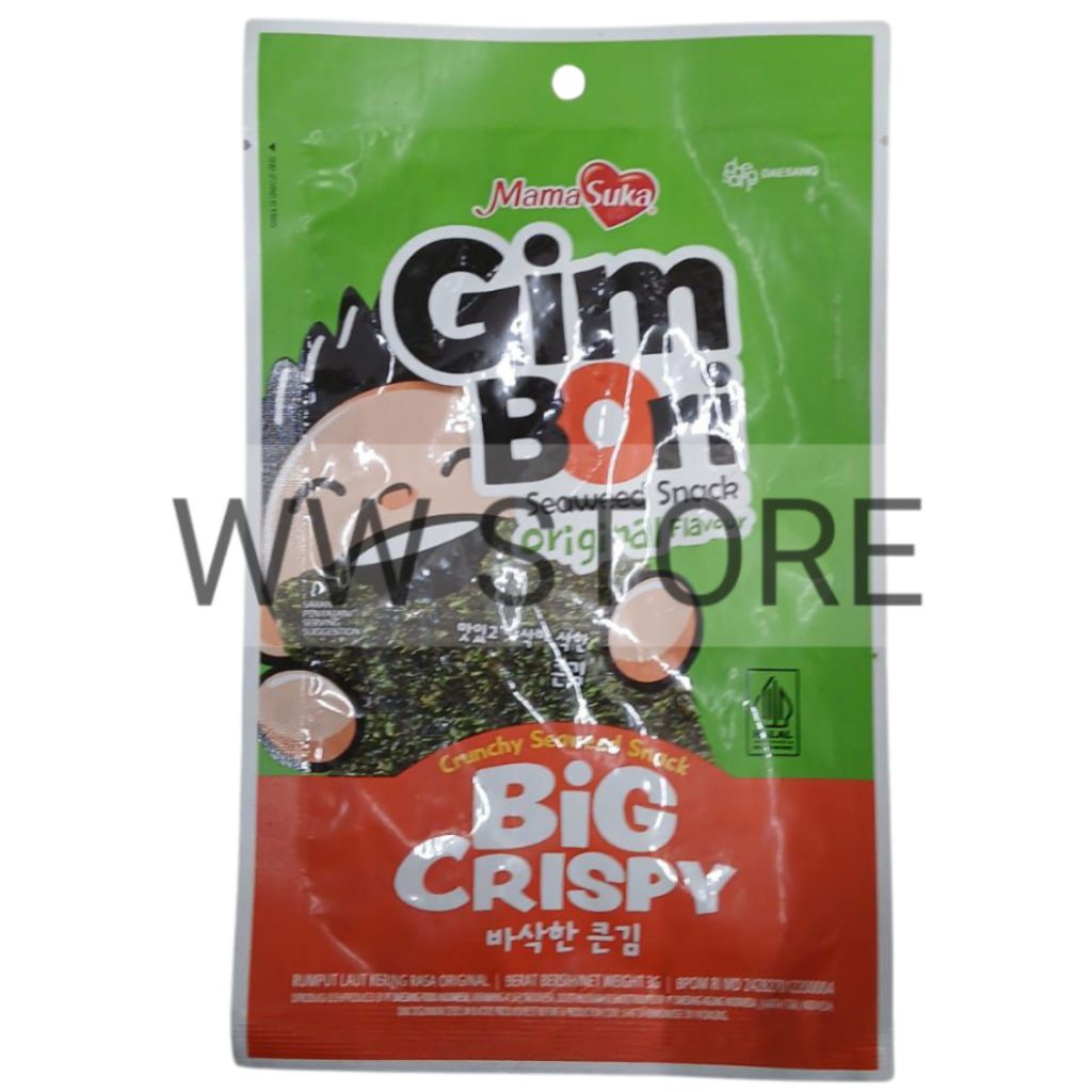 

Cemilan snek makanan ringan rumput laut kering rasa asli halal MUI MamaSuka Mama Suka Gim Bori BIG CRISPY ORIGINAL flavour Crunchy Seaweed Snack 3g