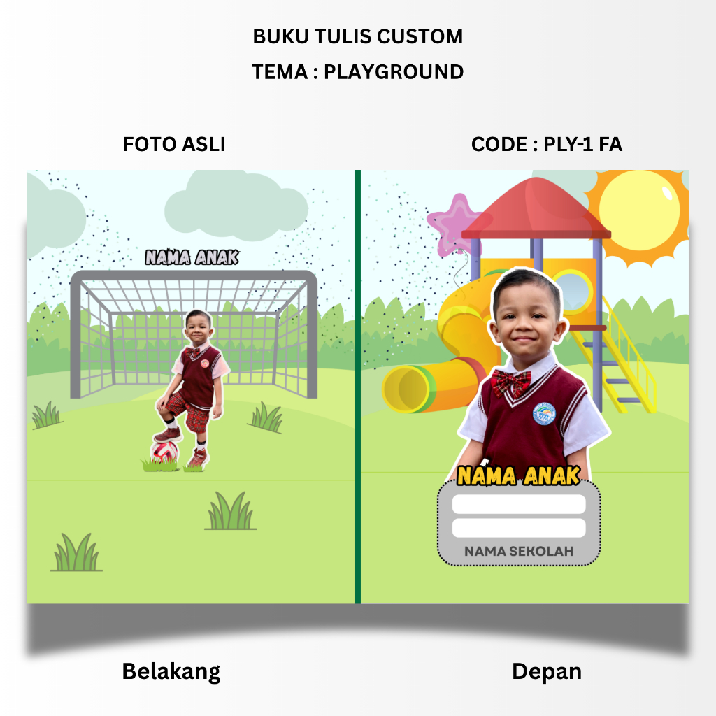 

BUKU TULIS CUSTOM - TEMA PLAYGROUND - STANDART UKURAN SIDU 160X210 - BISA PAKAI FOTO ANAK ASLI ATAU UBAH KE KARTUN