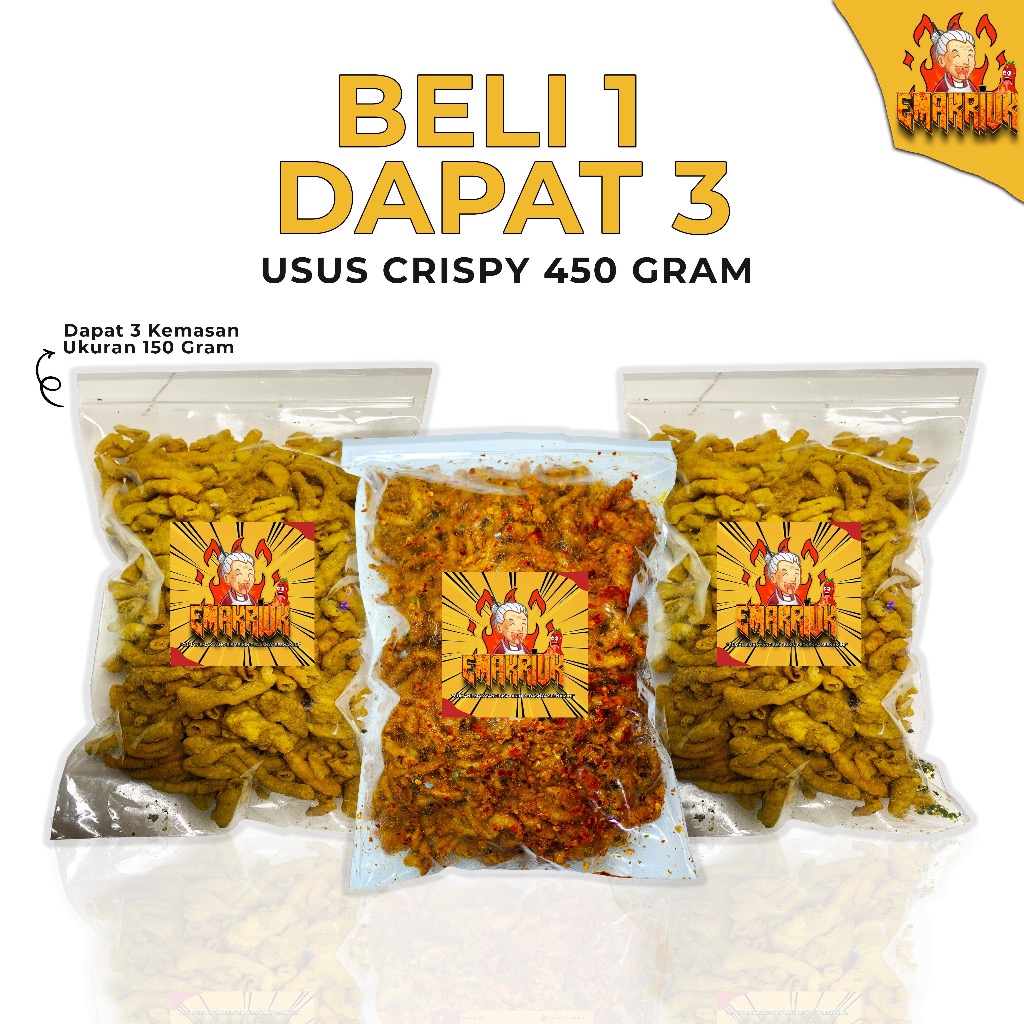 

EMAKRIUK - Buy 1 Get 3 USUS CRISPY 450 Gram KRIPIK USUS Rasa Original 150gr Pedas 150gr Renyah Bumbu Melimpah Cemilan Snack Food