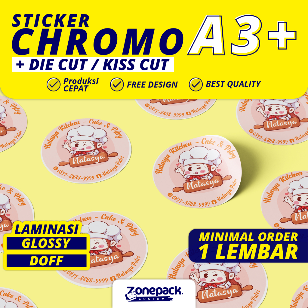 

Cetak Sticker CHROMO A3+ 1 Lembar | Cutting sesuai Pola | Die Cut - Kiss Cut | Label Kemasan