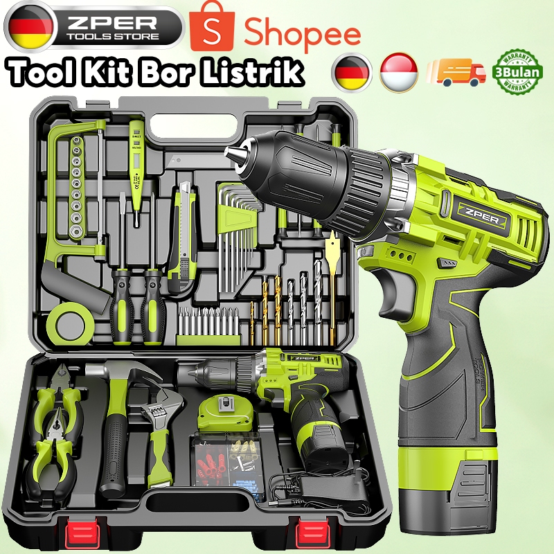 TERLARIS ZPER 120PCS Tool Box Besar Mesin Bor Baterai Toolkit Set Alat Tukang Bangunan Lengkap