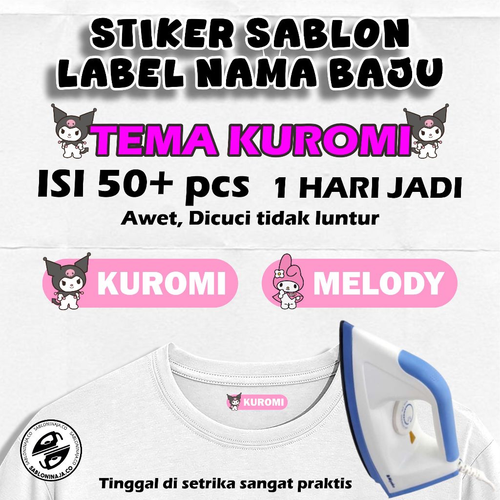 

Sehari Jadi! Stiker Sablon Label Nama Baju Stiker Custom Nama Label Printing Kain / Kaos Sablon Setrika Tema Kuromi Gratis Custom Nama Isi 50+ lebih, Praktis Tinggal Setrika
