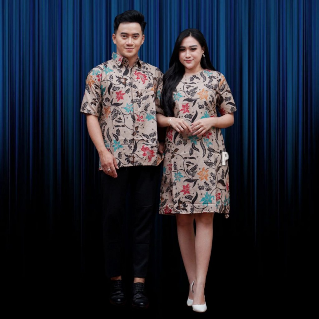 Couple Dress Batik Harga sepasang Terbaru motif Salju Teratai Creambaju couple dress batik korean st