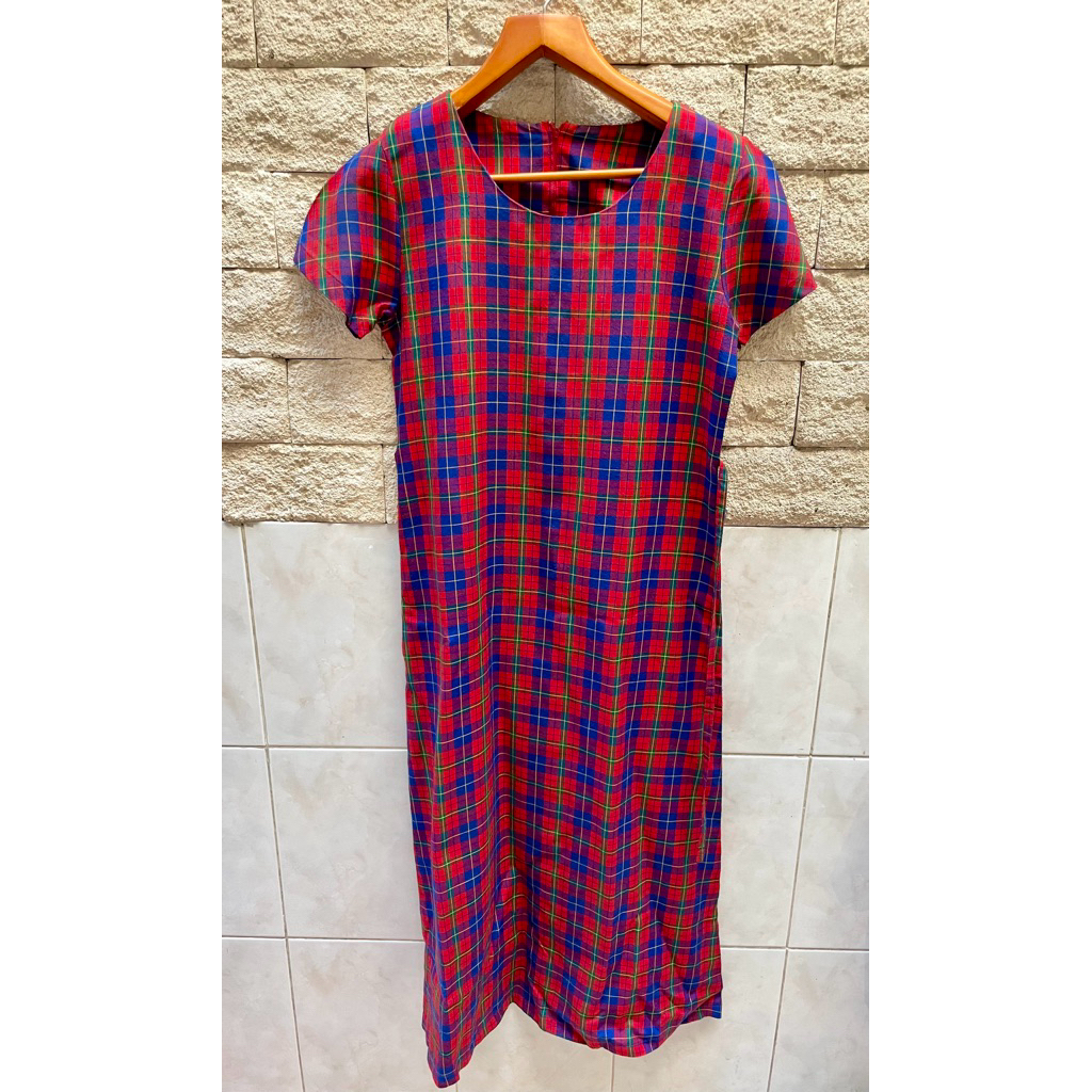 Long Dress Baju Panjang Kotak-Kotak Wanita Merah Biru Vintage Gingham Preloved